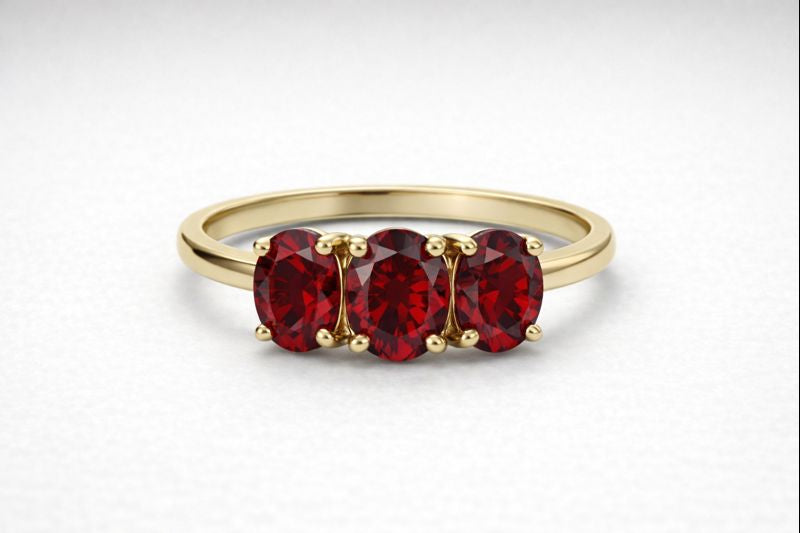 Three-Stone Rhodolite Garnet Ring – Yellow Gold