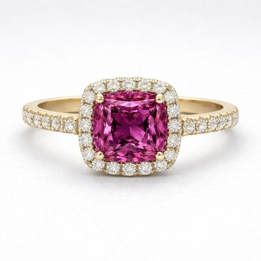 Pink Rhodolite Garnet Cushion Halo Ring – Yellow Gold