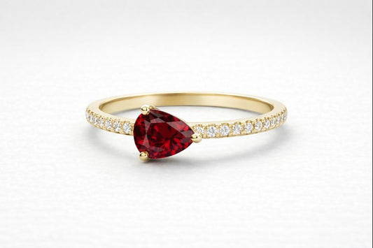 Pear-Shaped Rhodolite Ring with Pavé Diamonds in Yellow Gold