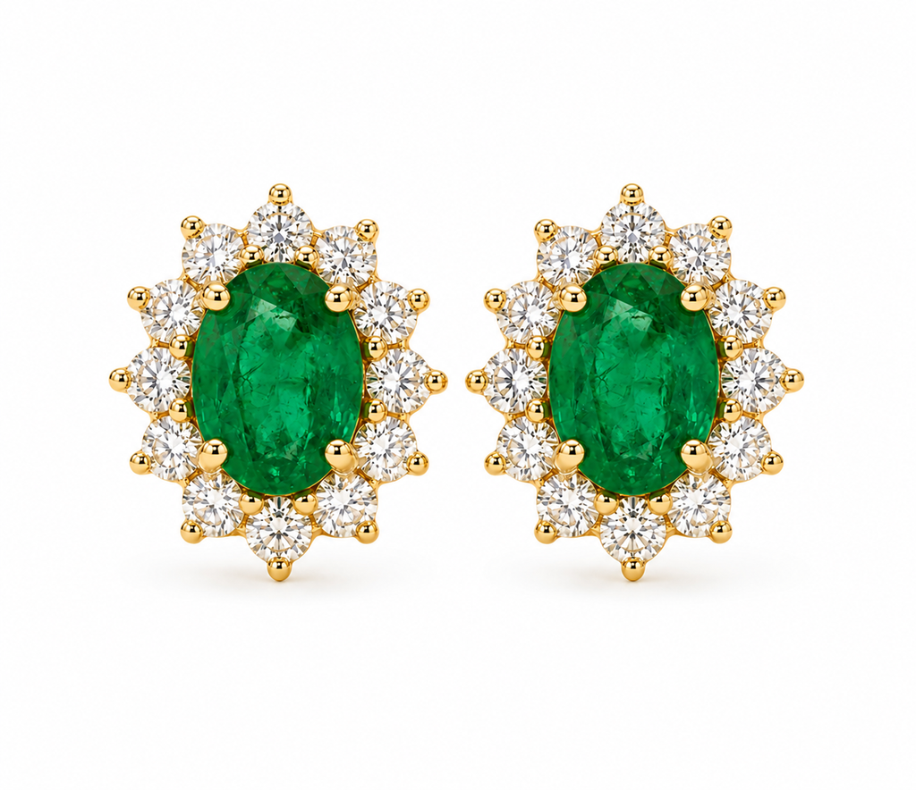 Emerald & Diamond Halo Stud Earrings