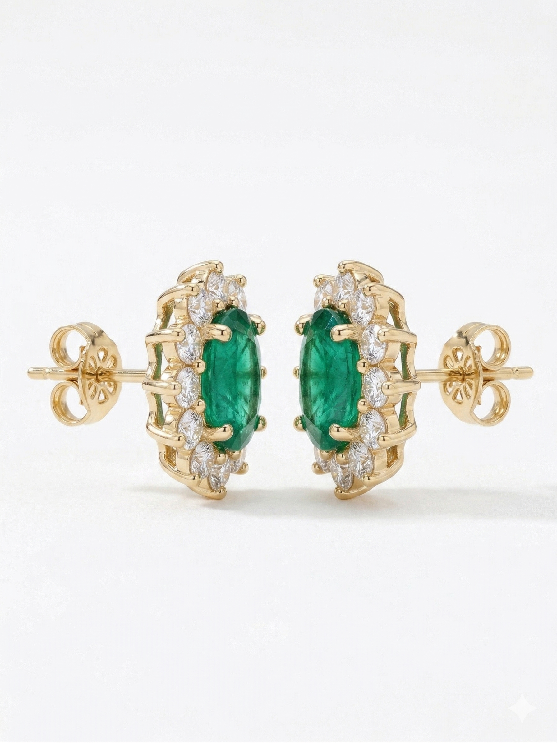 Emerald & Diamond Halo Stud Earrings – 18K White Gold