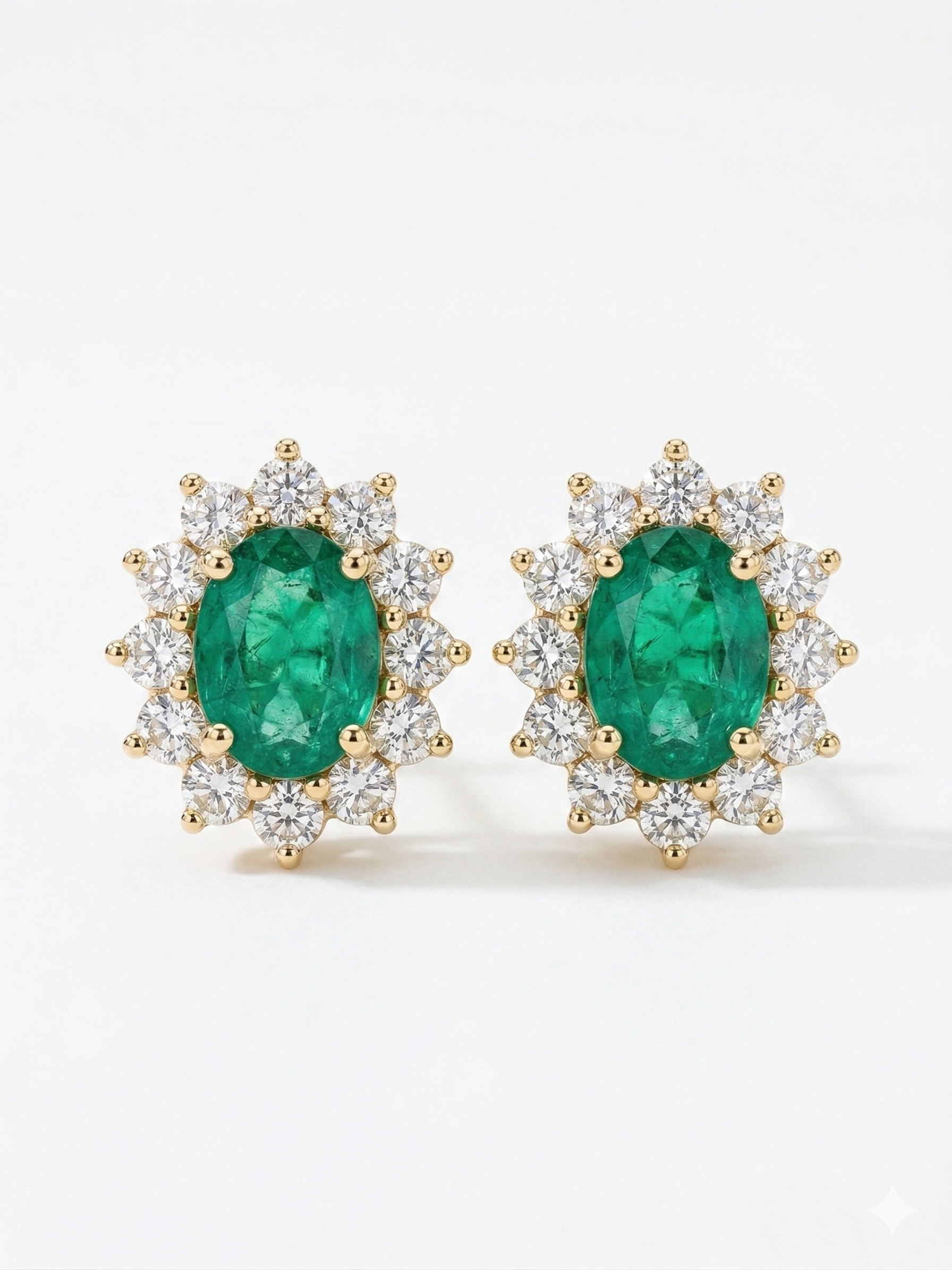 Emerald & Diamond Halo Stud Earrings – 18K White Gold